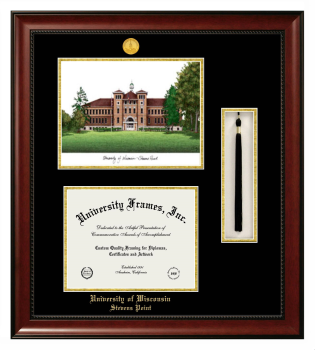 University of Wisconsin - Stevens Point Double Opening with Campus Image & Tassel Box (Stacked) Frame in Avalon Mahogany with Black & Gold Mats for document: 8 1/2"h x 11"w  