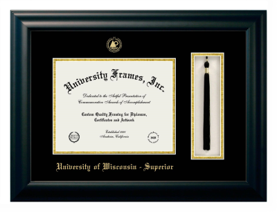 University of Wisconsin - Superior Diploma with Tassel Box Frame in Satin Black with Black & Gold Mats for document: 8 1/2"h x 11"w  
