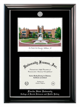 Florida State University College of Social Sciences and Public Policy Double Opening with Campus Image (Stacked) Frame in Classic Ebony with Silver Trim with Black & Silver Mats for document: 8 1/2"h x 11"w  