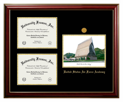 United States Air Force Academy Triple Opening with Campus Image Frame in Classic Mahogany with Gold Trim with Black & Gold Mats for document: 8 1/2"h x 11"w  , document: 8 1/2"h x 11"w  