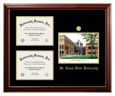St. Cloud State University Triple Opening with Campus Image Frame in Classic Mahogany with Gold Trim with Black & Gold Mats for document: 8 1/2"h x 11"w  , document: 8 1/2"h x 11"w  