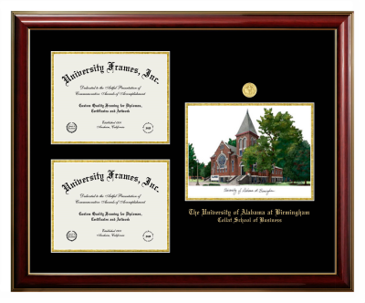 University of Alabama at Birmingham Collat School of Business Triple Opening with Campus Image Frame in Classic Mahogany with Gold Trim with Black & Gold Mats for document: 8 1/2"h x 11"w  , document: 8 1/2"h x 11"w  