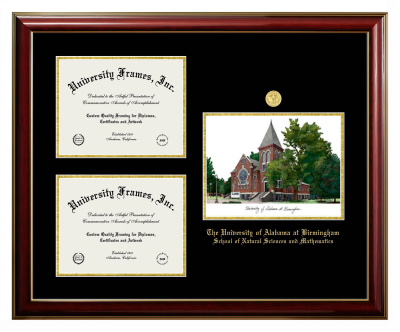 University of Alabama at Birmingham School of Natural Sciences and Mathematics Triple Opening with Campus Image Frame in Classic Mahogany with Gold Trim with Black & Gold Mats for document: 8 1/2"h x 11"w  , document: 8 1/2"h x 11"w  