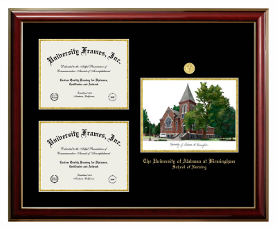 University of Alabama at Birmingham School of Nursing Triple Opening with Campus Image Frame in Classic Mahogany with Gold Trim with Black & Gold Mats for document: 8 1/2"h x 11"w  , document: 8 1/2"h x 11"w  