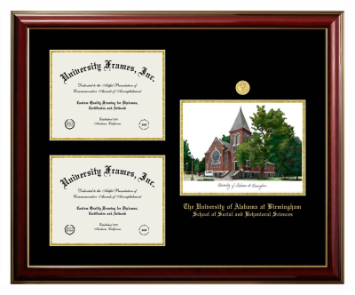 University of Alabama at Birmingham School of Social and Behavioral Sciences Triple Opening with Campus Image Frame in Classic Mahogany with Gold Trim with Black & Gold Mats for document: 8 1/2"h x 11"w  , document: 8 1/2"h x 11"w  