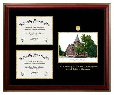University of Alabama at Birmingham Graduate School of Management Triple Opening with Campus Image Frame in Classic Mahogany with Gold Trim with Black & Gold Mats for document: 8 1/2"h x 11"w  , document: 8 1/2"h x 11"w  