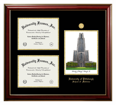 University of Pittsburgh School of  Medicine Triple Opening with Campus Image Frame in Classic Mahogany with Gold Trim with Black & Gold Mats for document: 8 1/2"h x 11"w  , document: 8 1/2"h x 11"w  