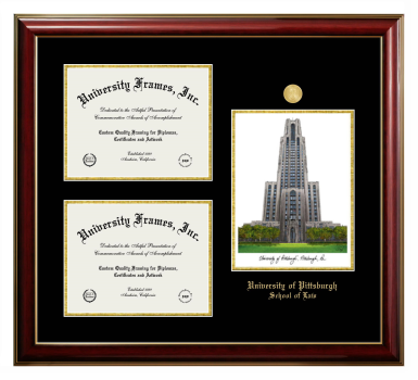University of Pittsburgh School of Law Triple Opening with Campus Image Frame in Classic Mahogany with Gold Trim with Black & Gold Mats for document: 8 1/2"h x 11"w  , document: 8 1/2"h x 11"w  