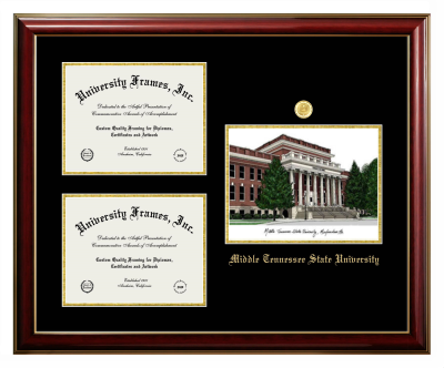Middle Tennessee State University Triple Opening with Campus Image Frame in Classic Mahogany with Gold Trim with Black & Gold Mats for document: 8 1/2"h x 11"w  , document: 8 1/2"h x 11"w  