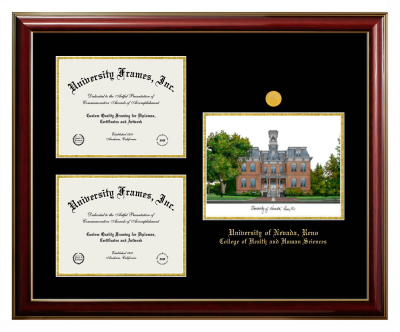 University of Nevada Reno College of Health and Human Sciences Triple Opening with Campus Image Frame in Classic Mahogany with Gold Trim with Black & Gold Mats for document: 8 1/2"h x 11"w  , document: 8 1/2"h x 11"w  