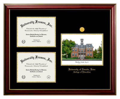 University of Nevada Reno College of Education Triple Opening with Campus Image Frame in Classic Mahogany with Gold Trim with Black & Gold Mats for document: 8 1/2"h x 11"w  , document: 8 1/2"h x 11"w  