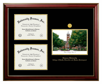 Clemson University College of Health, Education and Human Development Triple Opening with Campus Image Frame in Classic Mahogany with Gold Trim with Black & Gold Mats for document: 8 1/2"h x 11"w  , document: 8 1/2"h x 11"w  