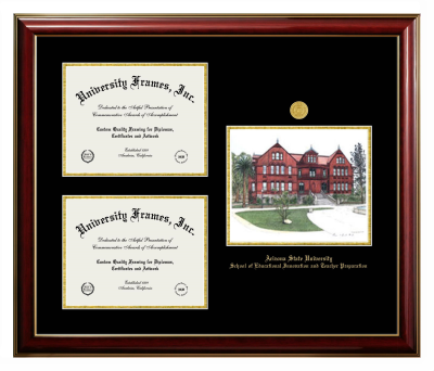 Arizona State University School of Educational Innovation and Teacher Preparation Triple Opening with Campus Image Frame in Classic Mahogany with Gold Trim with Black & Gold Mats for document: 8 1/2"h x 11"w  , document: 8 1/2"h x 11"w  