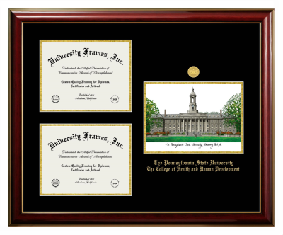 Pennsylvania State University The College of Health and Human Development Triple Opening with Campus Image Frame in Classic Mahogany with Gold Trim with Black & Gold Mats for document: 8 1/2"h x 11"w  , document: 8 1/2"h x 11"w  