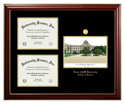 Texas A&M University College of Science Triple Opening with Campus Image Frame in Classic Mahogany with Gold Trim with Black & Gold Mats for document: 8 1/2"h x 11"w  , document: 8 1/2"h x 11"w  