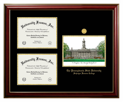 Pennsylvania State University Schreyer Honors College Triple Opening with Campus Image Frame in Classic Mahogany with Gold Trim with Black & Gold Mats for document: 8 1/2"h x 11"w  , document: 8 1/2"h x 11"w  