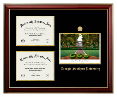 Georgia Southern University Triple Opening with Campus Image Frame in Classic Mahogany with Gold Trim with Black & Gold Mats for document: 8 1/2"h x 11"w  , document: 8 1/2"h x 11"w  
