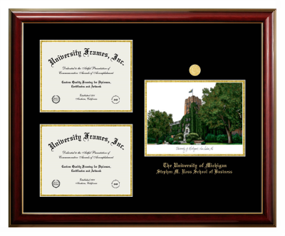 University of Michigan Stephen M. Ross School of Business Triple Opening with Campus Image Frame in Classic Mahogany with Gold Trim with Black & Gold Mats for document: 8 1/2"h x 11"w  , document: 8 1/2"h x 11"w  