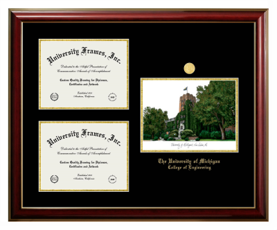 University of Michigan College of Engineering Triple Opening with Campus Image Frame in Classic Mahogany with Gold Trim with Black & Gold Mats for document: 8 1/2"h x 11"w  , document: 8 1/2"h x 11"w  
