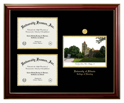 University of Illinois College of Nursing Triple Opening with Campus Image Frame in Classic Mahogany with Gold Trim with Black & Gold Mats for document: 8 1/2"h x 11"w  , document: 8 1/2"h x 11"w  