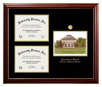 University of Illinois Division of General Studies Triple Opening with Campus Image Frame in Classic Mahogany with Gold Trim with Black & Gold Mats for document: 8 1/2"h x 11"w  , document: 8 1/2"h x 11"w  