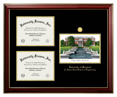 University of Maryland A. James Clark School of Engineering Triple Opening with Campus Image Frame in Classic Mahogany with Gold Trim with Black & Gold Mats for document: 8 1/2"h x 11"w  , document: 8 1/2"h x 11"w  