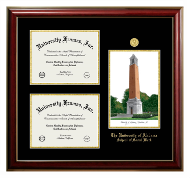 University of Alabama (Tuscaloosa) School of Social Work Triple Opening with Campus Image Frame in Classic Mahogany with Gold Trim with Black & Gold Mats for document: 8 1/2"h x 11"w  , document: 8 1/2"h x 11"w  