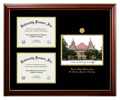Texas State University St. David's School of Nursing Triple Opening with Campus Image Frame in Classic Mahogany with Gold Trim with Black & Gold Mats for document: 8 1/2"h x 11"w  , document: 8 1/2"h x 11"w  