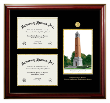 University of Alabama (Tuscaloosa) College of Communication and Information Sciences Triple Opening with Campus Image Frame in Classic Mahogany with Gold Trim with Black & Gold Mats for document: 8 1/2"h x 11"w  , document: 8 1/2"h x 11"w  