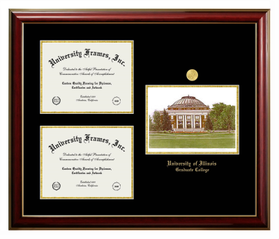 University of Illinois Graduate College Triple Opening with Campus Image Frame in Classic Mahogany with Gold Trim with Black & Gold Mats for document: 8 1/2"h x 11"w  , document: 8 1/2"h x 11"w  