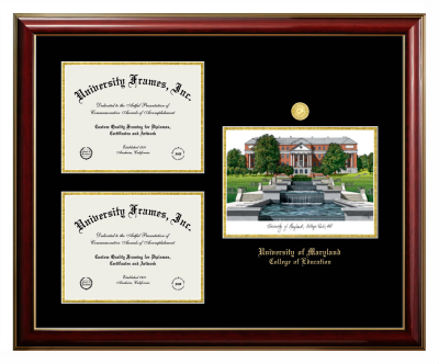 University of Maryland College of Education Triple Opening with Campus Image Frame in Classic Mahogany with Gold Trim with Black & Gold Mats for document: 8 1/2"h x 11"w  , document: 8 1/2"h x 11"w  