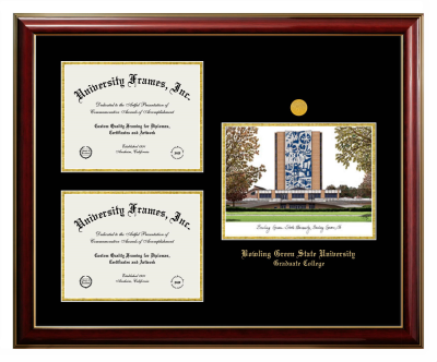 Bowling Green State University Graduate Triple Opening with Campus Image Frame in Classic Mahogany with Gold Trim with Black & Gold Mats for document: 8 1/2"h x 11"w  , document: 8 1/2"h x 11"w  