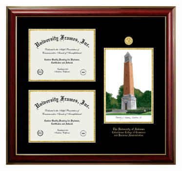 University of Alabama (Tuscaloosa) Culverhouse College of Commerce and Business Administration Triple Opening with Campus Image Frame in Classic Mahogany with Gold Trim with Black & Gold Mats for document: 8 1/2"h x 11"w  , document: 8 1/2"h x 11"w  
