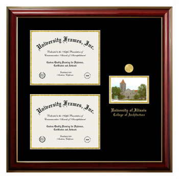 University of Illinois College of Architecture Triple Opening with Campus Image Frame in Classic Mahogany with Gold Trim with Black & Gold Mats for document: 8 1/2"h x 11"w  , document: 8 1/2"h x 11"w  