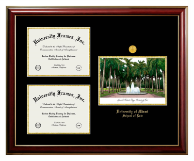 University of Miami School of Law Triple Opening with Campus Image Frame in Classic Mahogany with Gold Trim with Black & Gold Mats for document: 8 1/2"h x 11"w  , document: 8 1/2"h x 11"w  