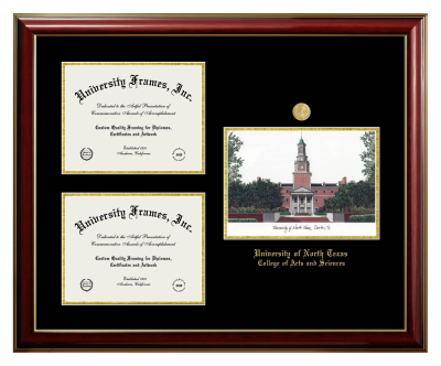 University of North Texas College of Arts and Sciences Triple Opening with Campus Image Frame in Classic Mahogany with Gold Trim with Black & Gold Mats for document: 8 1/2"h x 11"w  , document: 8 1/2"h x 11"w  
