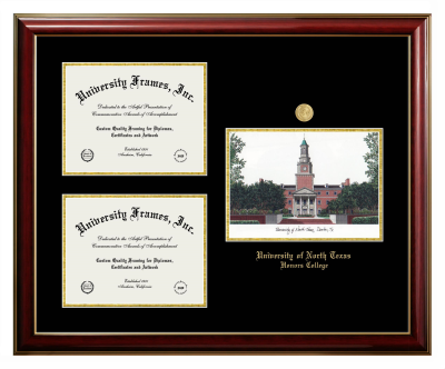 University of North Texas Honors College Triple Opening with Campus Image Frame in Classic Mahogany with Gold Trim with Black & Gold Mats for document: 8 1/2"h x 11"w  , document: 8 1/2"h x 11"w  