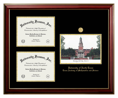University of North Texas Texas Academy of Mathematics and Science Triple Opening with Campus Image Frame in Classic Mahogany with Gold Trim with Black & Gold Mats for document: 8 1/2"h x 11"w  , document: 8 1/2"h x 11"w  