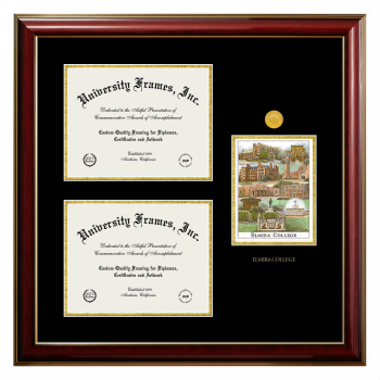 Elmira College Triple Opening with Campus Image Frame in Classic Mahogany with Gold Trim with Black & Gold Mats for document: 8 1/2"h x 11"w  , document: 8 1/2"h x 11"w  