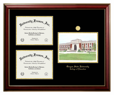 Oregon State University College of Education Triple Opening with Campus Image Frame in Classic Mahogany with Gold Trim with Black & Gold Mats for document: 8 1/2"h x 11"w  , document: 8 1/2"h x 11"w  