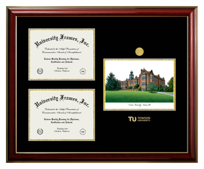 Towson University Triple Opening with Campus Image Frame in Classic Mahogany with Gold Trim with Black & Gold Mats for document: 8 1/2"h x 11"w  , document: 8 1/2"h x 11"w  