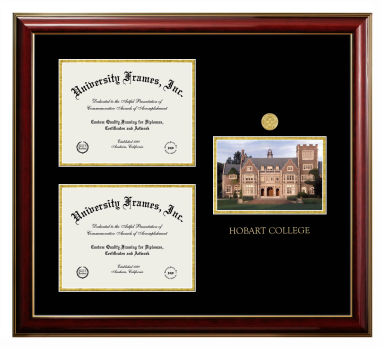 Hobart College Triple Opening with Campus Image Frame in Classic Mahogany with Gold Trim with Black & Gold Mats for document: 8 1/2"h x 11"w  , document: 8 1/2"h x 11"w  