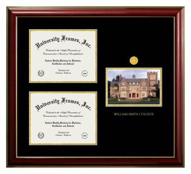 William Smith College Triple Opening with Campus Image Frame in Classic Mahogany with Gold Trim with Black & Gold Mats for document: 8 1/2"h x 11"w  , document: 8 1/2"h x 11"w  