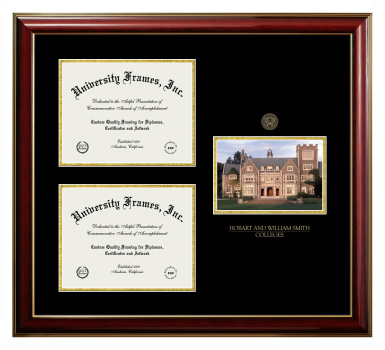 Hobart and William Smith Colleges Triple Opening with Campus Image Frame in Classic Mahogany with Gold Trim with Black & Gold Mats for document: 8 1/2"h x 11"w  , document: 8 1/2"h x 11"w  