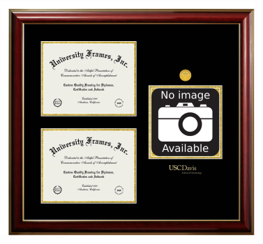 University of Southern California Davis School of Gerontology Triple Opening with Campus Image Frame in Classic Mahogany with Gold Trim with Black & Gold Mats for document: 8 1/2"h x 11"w  , document: 8 1/2"h x 11"w  
