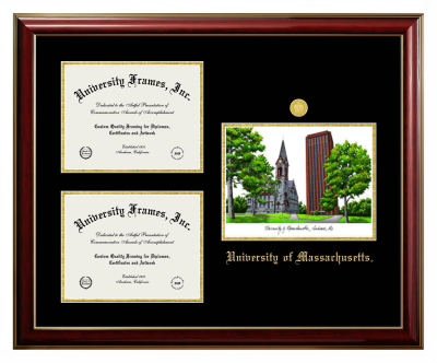 University of Massachusetts Triple Opening with Campus Image Frame in Classic Mahogany with Gold Trim with Black & Gold Mats for document: 8 1/2"h x 11"w  , document: 8 1/2"h x 11"w  