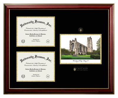 University of Chicago The Law School Triple Opening with Campus Image Frame in Classic Mahogany with Gold Trim with Black & Gold Mats for document: 8 1/2"h x 11"w  , document: 8 1/2"h x 11"w  