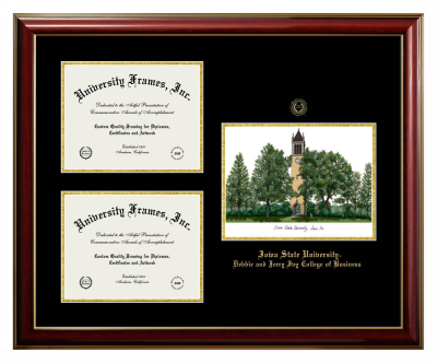 Iowa State University Debbie and Jerry Ivy College of Business Triple Opening with Campus Image Frame in Classic Mahogany with Gold Trim with Black & Gold Mats for document: 8 1/2"h x 11"w  , document: 8 1/2"h x 11"w  