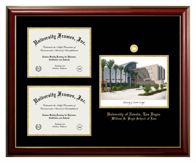 University of Nevada Las Vegas William S. Boyd School of Law Triple Opening with Campus Image Frame in Classic Mahogany with Gold Trim with Black & Gold Mats for document: 8 1/2"h x 11"w  , document: 8 1/2"h x 11"w  
