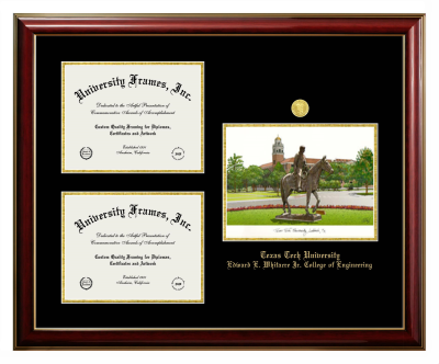 Texas Tech University Edward E. Whitacre Jr. College of Engineering Triple Opening with Campus Image Frame in Classic Mahogany with Gold Trim with Black & Gold Mats for document: 8 1/2"h x 11"w  , document: 8 1/2"h x 11"w  